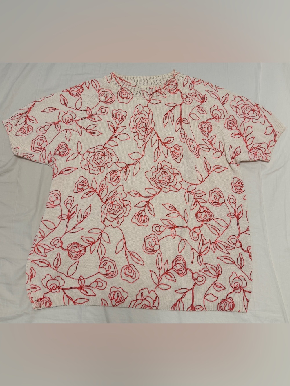 St. John Sport by Marie Gray Beige Red Floral Knit Blouse XL